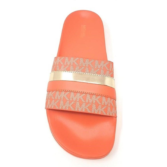 Michael Kors Brandy Metallic Striped Logo Slide Sandal Poppy 5/7 Nib $85 - Picture 2 of 4